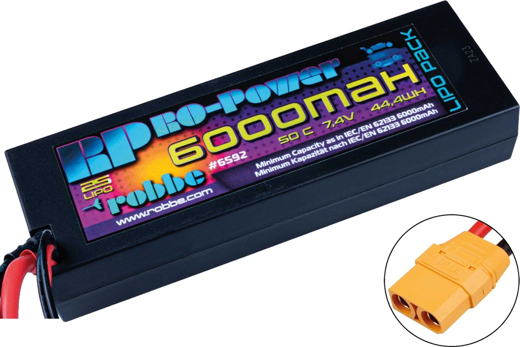 Robbe Modellsport Ro-Power Car Lipo 6000mah 7,4V 50C Hardcase (XT-90 + T-Stecker Adapter)