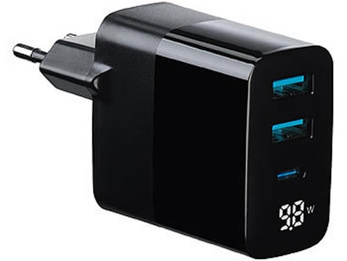 3-Port USB-Netzteil, 30W, USB-C & 2 x Typ A, Display, PD