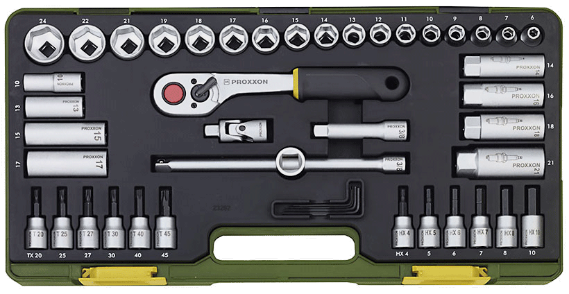 PROXXON Steckschlüsselsatz mit Knüppelratsche, 3/8" (47-teilig)