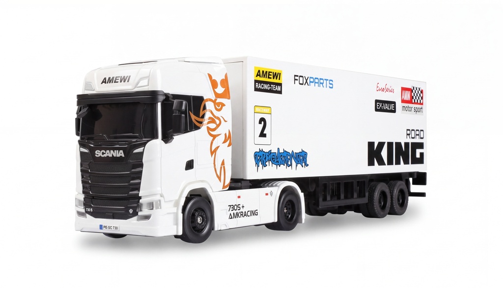 Mini-Scania 730 S mit Kofferauflieger proportional 4WD 1:64 RTR weiß