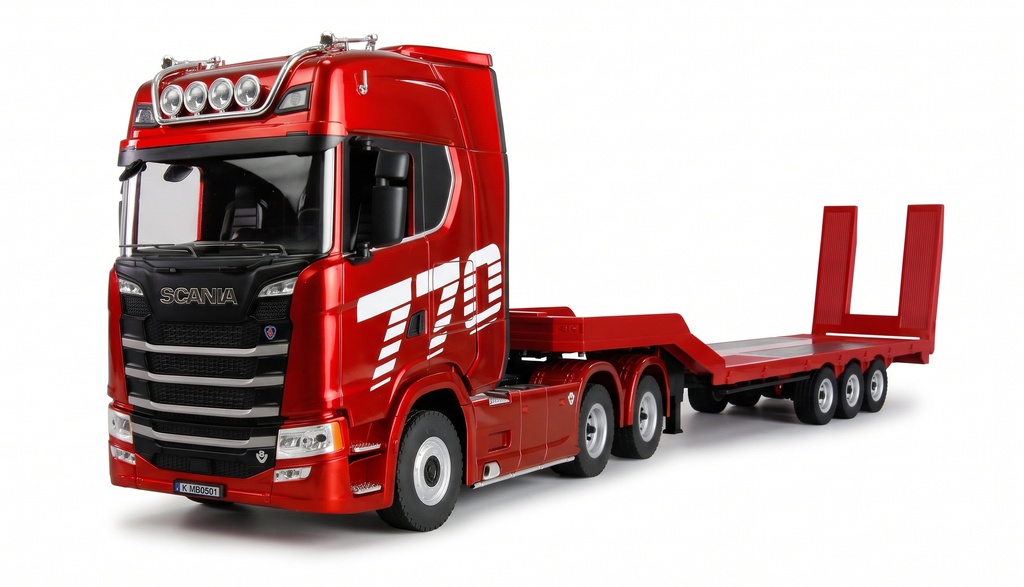 Scania 770 S Zugmaschine + Tieflader-Sattelauflieger 6x4 1:18 RTR rot