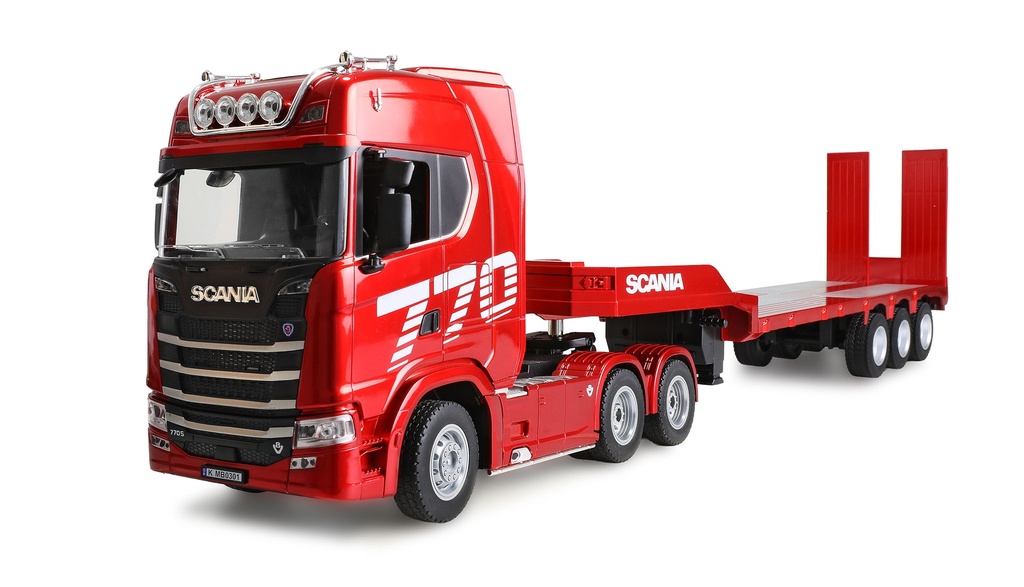 Scania 770 S Zugmaschine + Tieflader-Sattelauflieger 6x4 1:24 RTR rot