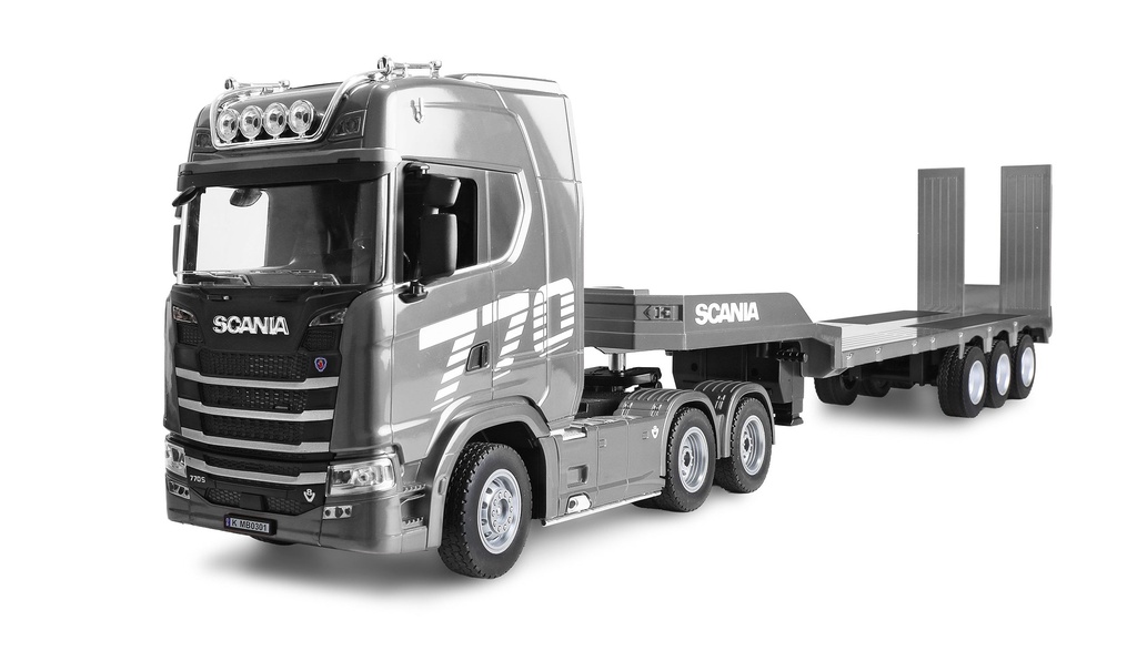 Scania 770 S Zugmaschine + Tieflader-Sattelauflieger 6x4 1:24 RTR silber