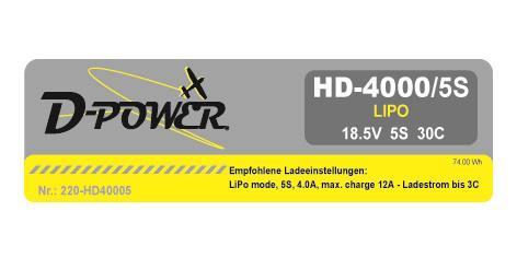 D-Power HD-4000 5S Lipo (18,5V) 30C mit T-Stecker