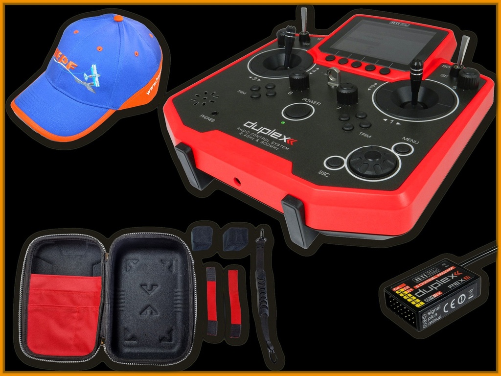 Jeti Hand-Sender DS-12 Multimode rot "Hepf-Set" inklusive 6 Kanal Empfänger,Softcase und Hepf-Cap