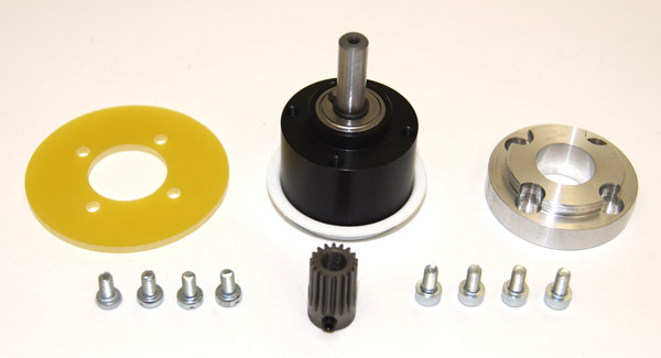 Planetengetriebe 3,7:1 mit GF-Lager, Flansch u. Ritzel für 5mm Welle