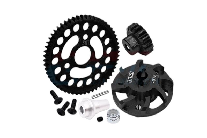 Stahl Hauptzahnrad 56T, Ritzel 17T, Alu Adapter Set schwarz
